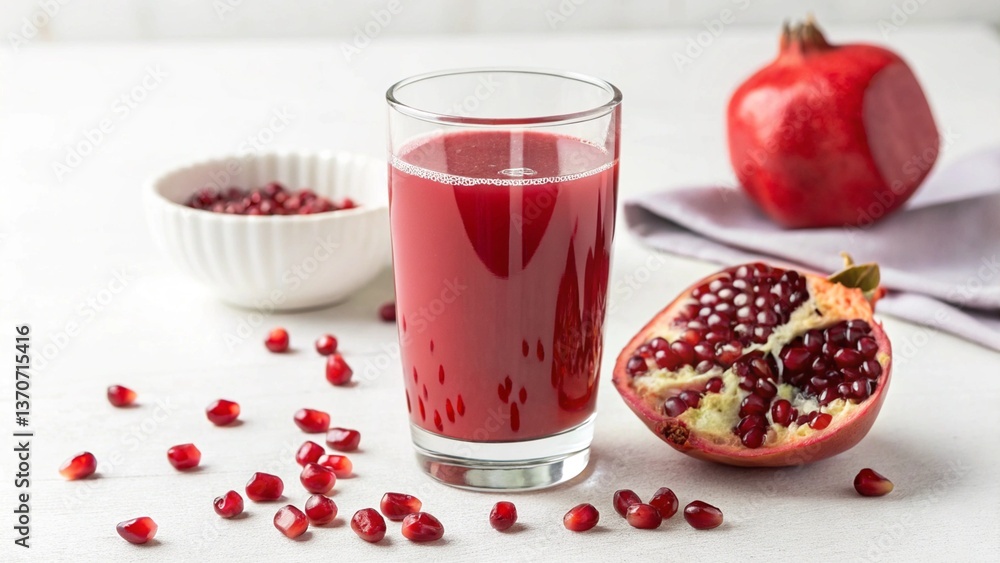 A glass of pomegranate juice with a few seeds on a pure white background A glass of pomegranate juice with a few seeds on a pure white background