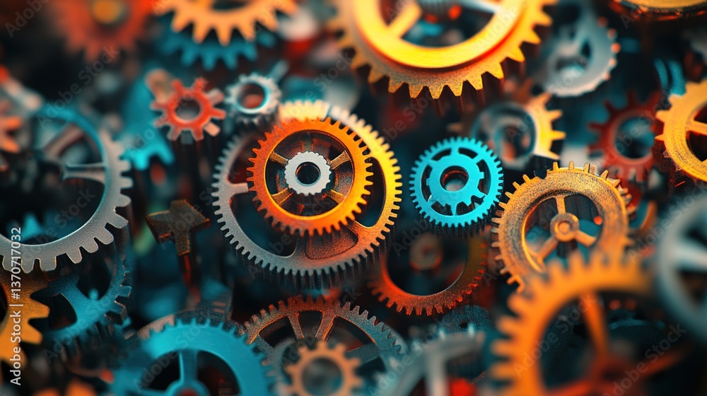 A close-up view of a complex arrangement of colorful gears A close-up view of a complex arrangement of colorful gears