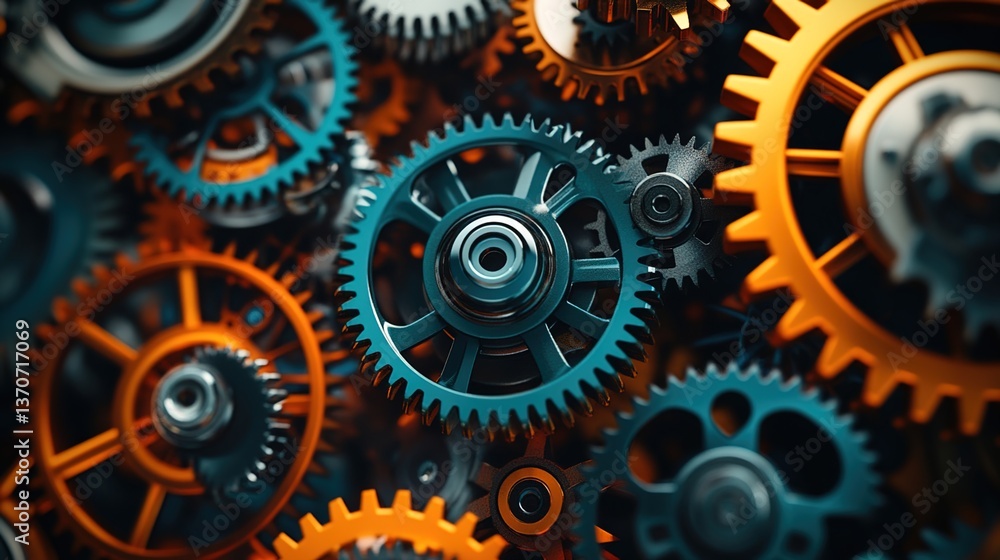A close-up view of a complex arrangement of colorful gears A close-up view of a complex arrangement of colorful gears