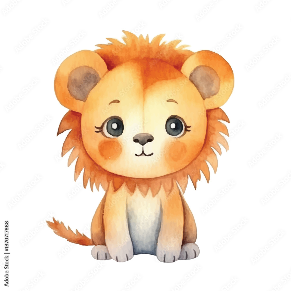 Obraz premium lion sitting cute watercolors illustration on white background