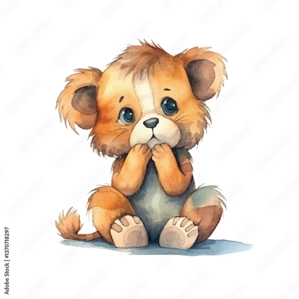 Obraz premium lion sitting cute watercolors illustration on white background