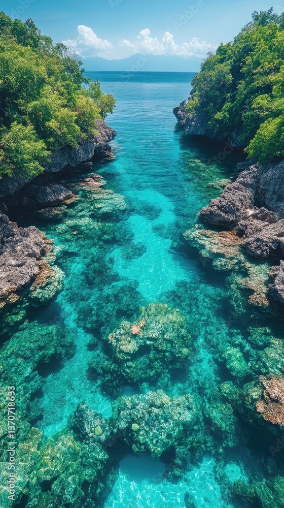 A tranquil turquoise ocean channel surrounded by lush green cliffs A tranquil turquoise ocean channel surrounded by lush green cliffs