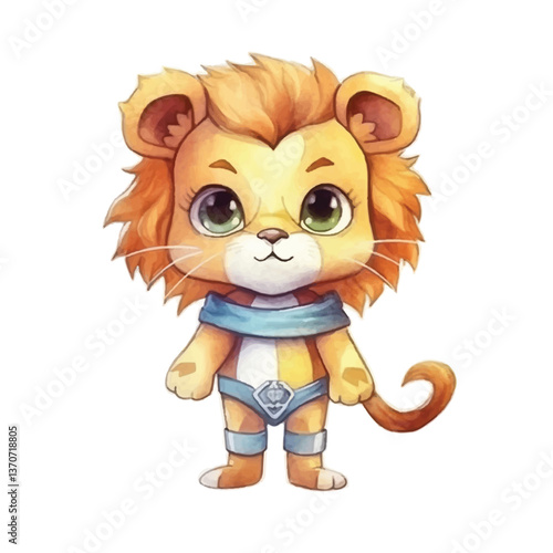 lion super hero cute watercolors illustration on white background