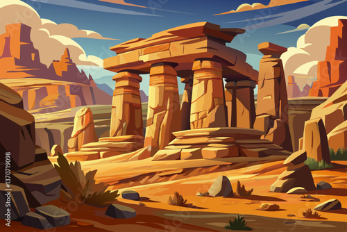 Ancient Rock formations with faded historical carvings historical landscape, Highly detailed vector illustration