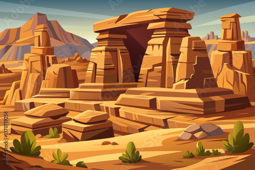 Ancient Rock formations with faded historical carvings historical landscape, Highly detailed vector illustration