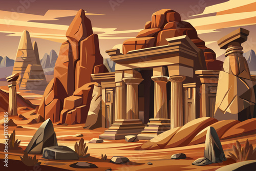 Ancient Rock formations with faded historical carvings historical landscape, Highly detailed vector illustration