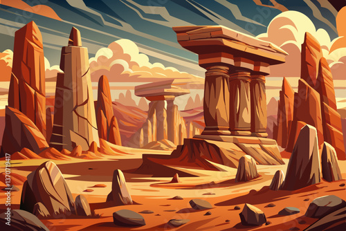 Ancient Rock formations with faded historical carvings historical landscape, Highly detailed vector illustration