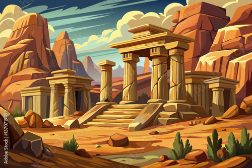 Ancient Rock formations with faded historical carvings historical landscape, Highly detailed vector illustration