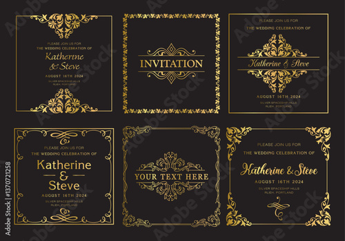 Gold square frame for invitation in modern vintage style. Frame template for cards, posters, banners