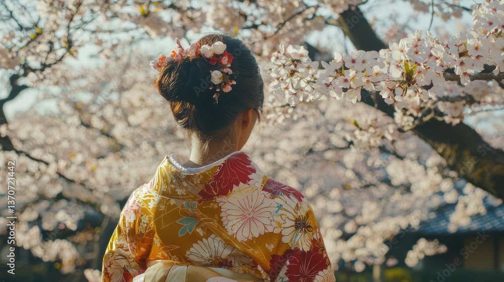A Japanese woman wearing a vibrant silk kimono with intricate floral patterns, walking under cherry blossom trees in Kyoto A Japanese woman wearing a vibrant silk kimono with intricate floral patterns, walking under cherry blossom trees in Kyoto