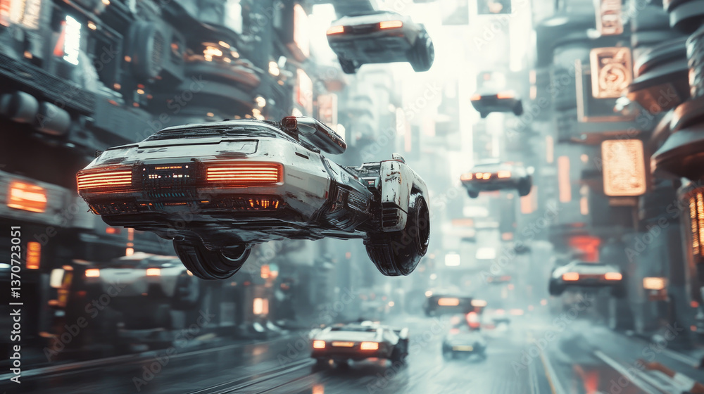 Flying cars and futuristic vehicles navigating a high-tech cityscape, showcasing advanced transportation systems, innovation, and urban development in a sci-fi inspired world of the future