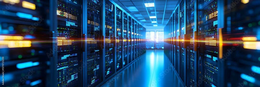 A high tech server room featuring rows of blinking servers intricate cabling and a futuristic blue hued atmosphere creating a professional technological background