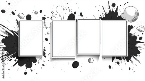 Classic comic book layout with five evenly spaced empty panels, designed for graphic novel creation and artwork insertion.