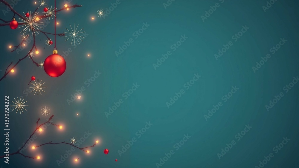 Fototapeta premium Weihnachtliche Szene mit roter Kugel, goldenen Sternen und Lichterketten auf einem tiefen, blaugrünen Hintergrund.