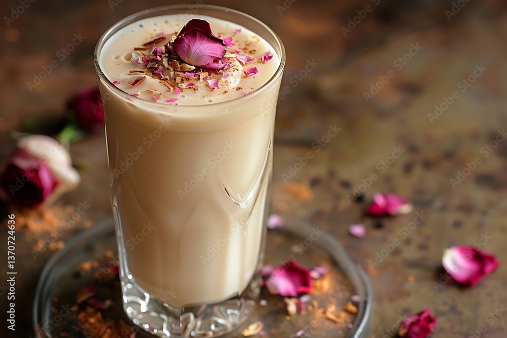 Lassi served in clear glass, foamy top with rose petal sprinkle and cardamom Lassi served in clear glass, foamy top with rose petal sprinkle and cardamom