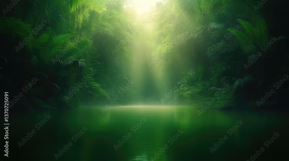 Naklejka premium Lush, sunlit rainforest river. Misty, verdant path through dense jungle foliage