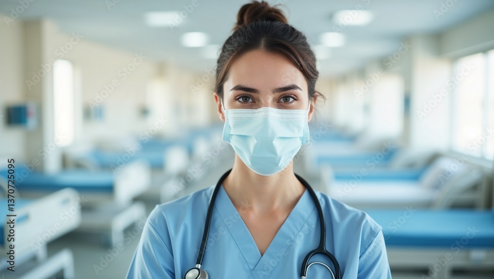 Healthcare professional in scrubs and mask stands confidently in a hospital ward focusing on patient care and safety Healthcare professional in scrubs and mask stands confidently in a hospital ward focusing on patient care and safety