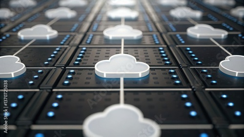 Data Lake Data Lakehouse Data Warehouse Cloud computing network design with interconnected symbols and illuminated elements.