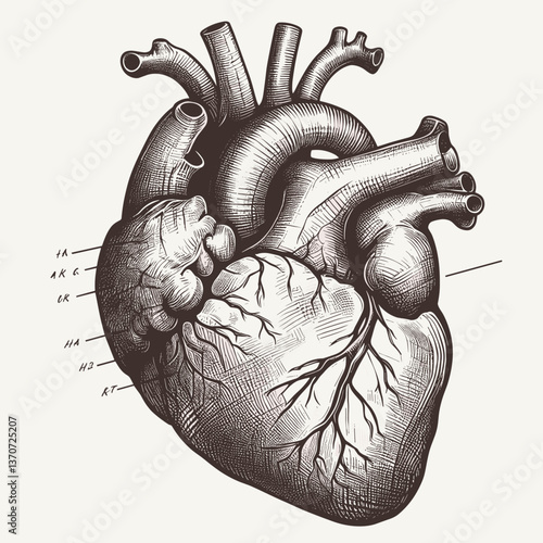 Anatomical illustration of a detailed human heart with labels