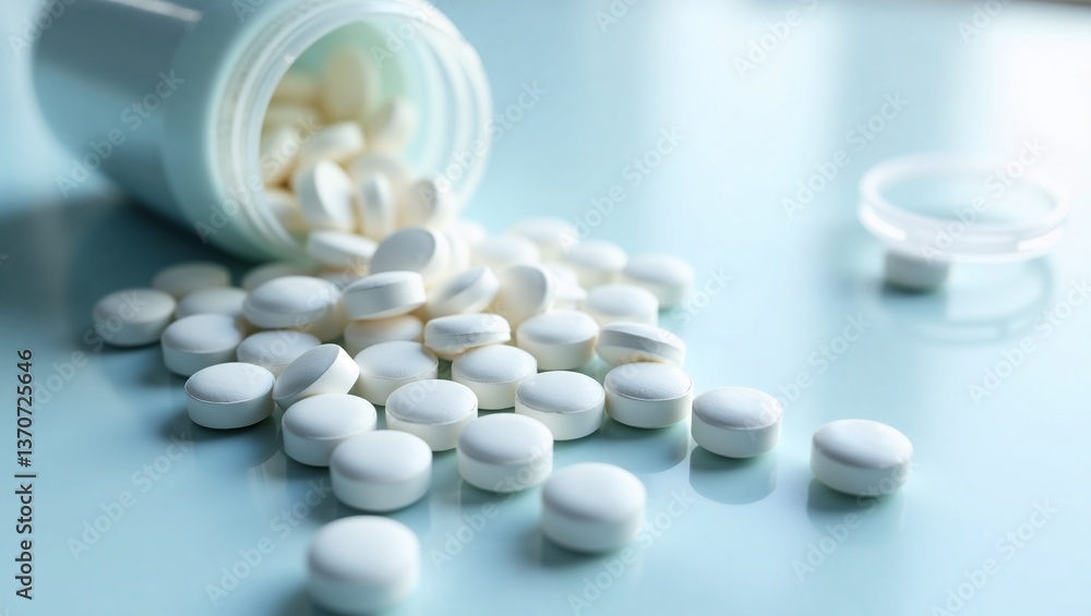 White pills spilled from a container on a light blue surface during a medical setting