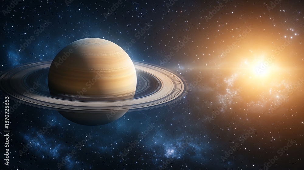 Fototapeta premium Ringed planet floats in cosmic backdrop filled with stars and nebulae