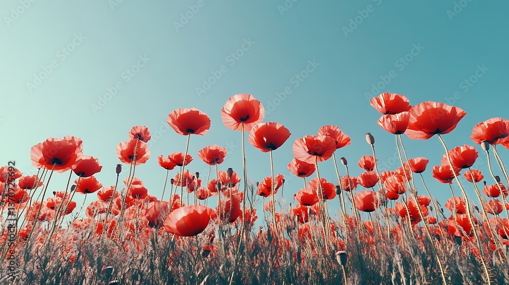Obraz premium A vibrant field of poppies under a clear blue sky