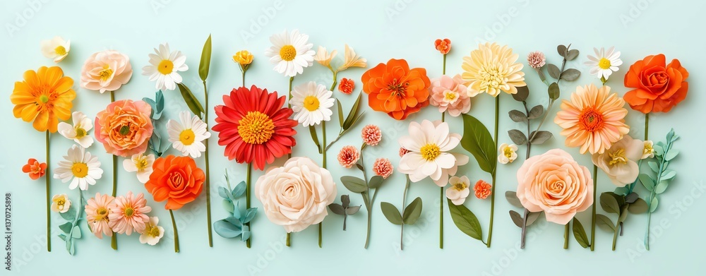 Obraz premium A vibrant arrangement of various flowers in bright colors, showcasing nature's beauty in detailed blossoms and greenery.