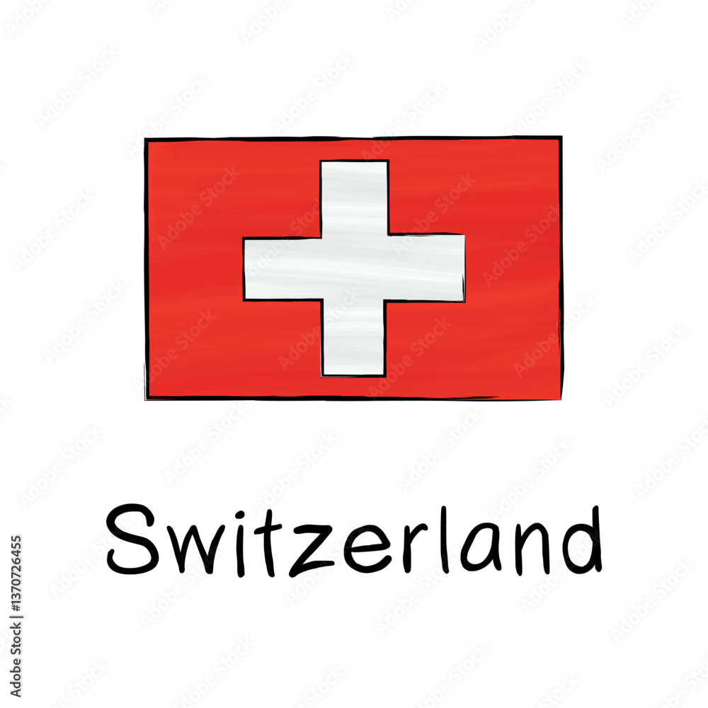 Obraz premium Flag of Switzerland with outline and signature on a white background. Hand-drawn vector illustration in sketch style. Isolated image, perfect for posters, web design, infographics, prints
