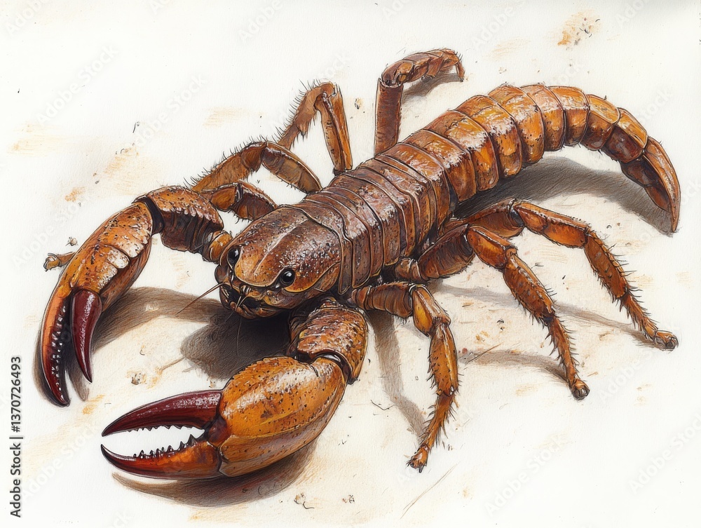 Detailed Illustration of a Brown and Red Scorpion with Large Claws and Hairy Legs on a Light Background, Showcasing Anatomical Features and Textural Details Detailed Illustration of a Brown and Red Scorpion with Large Claws and Hairy Legs on a Light Background, Showcasing Anatomical Features and Textural Details