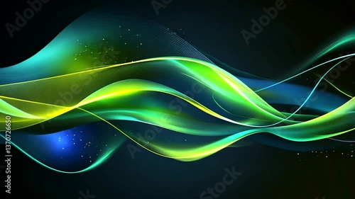 Vibrant abstract waves of green and blue flowing across a dark background with light effects