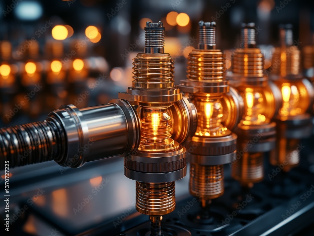 Industrial Precision: Gleaming Metal Valves and Piping System with Golden Reflections and Blurred Background Bokeh Lights Industrial Precision: Gleaming Metal Valves and Piping System with Golden Reflections and Blurred Background Bokeh Lights