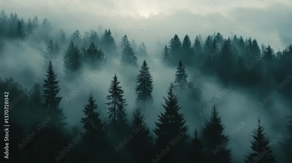 Misty forest of tall trees shrouded in fog, creating a serene landscape. Misty forest of tall trees shrouded in fog, creating a serene landscape.