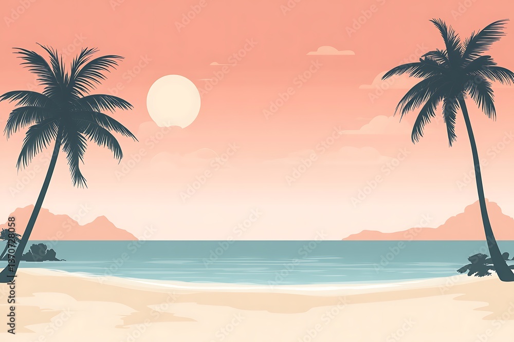 Obraz premium A flat tropical beach scene with minimalistic elements and a serene, pastel color palette