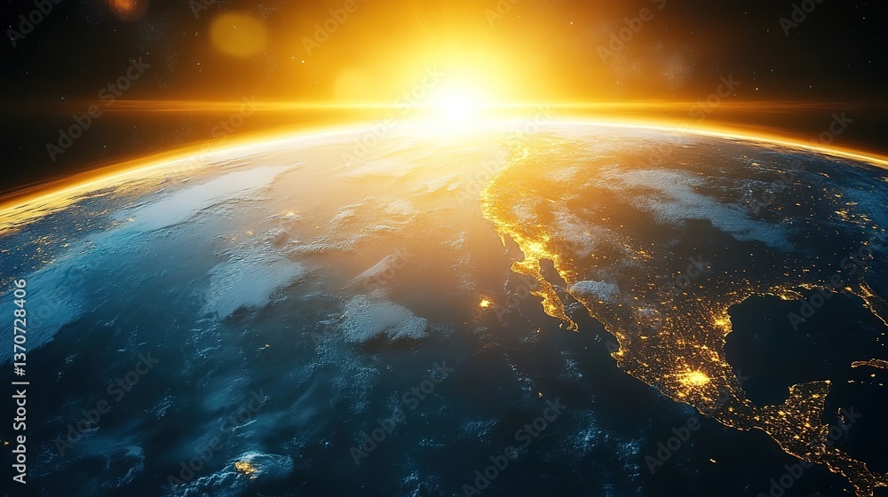 Fototapeta premium Earth from space, sunrise over the horizon, city lights visible at night