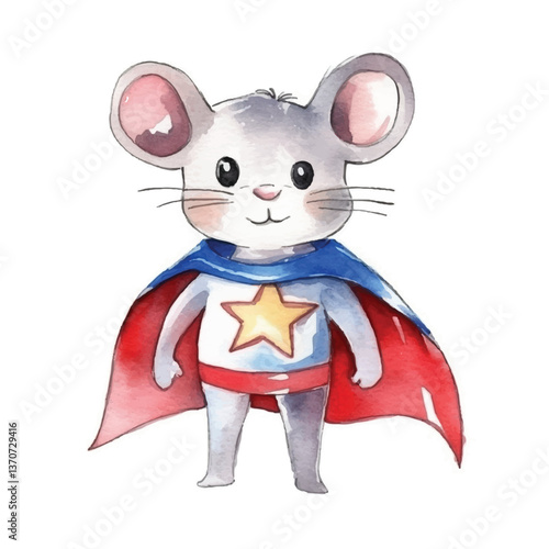 mouse super hero cute watercolors illustration on white background