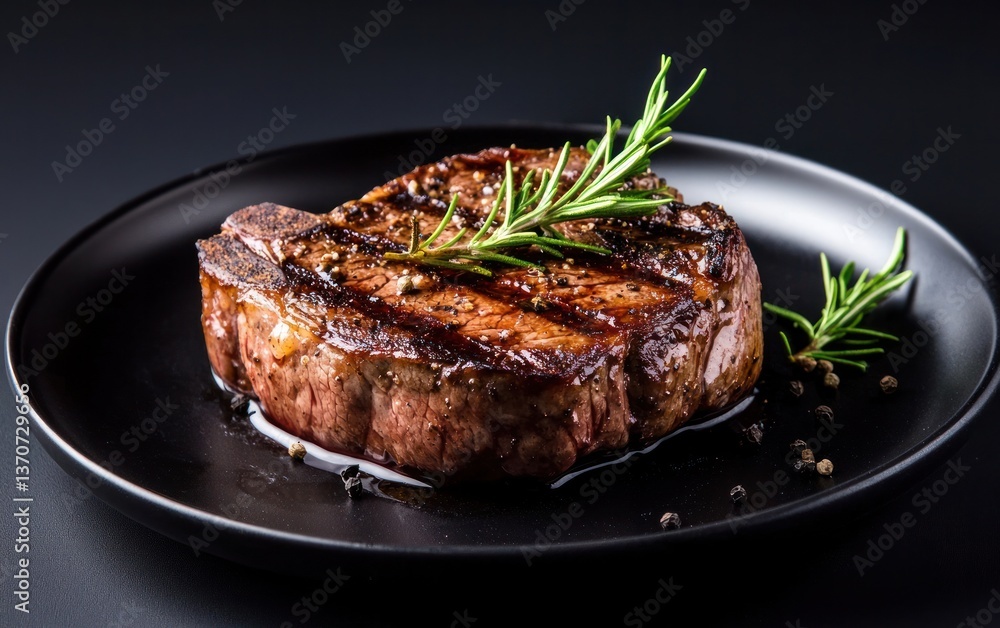 Close-up of a grilled steak on a black plate, garnished with rosemary. The steak is juicy and has grill marks. The background is black. Close-up of a grilled steak on a black plate, garnished with rosemary. The steak is juicy and has grill marks. The background is black.