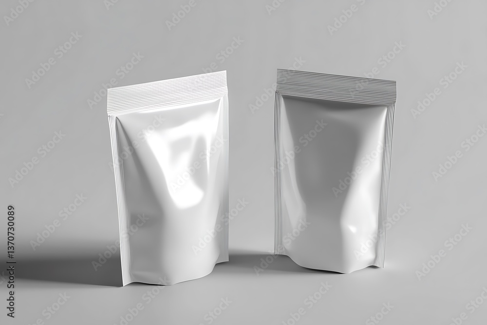 Glossy White StandUp Pouch Mockup | Packaging Design on Light Gray Backdrop Glossy White StandUp Pouch Mockup | Packaging Design on Light Gray Backdrop