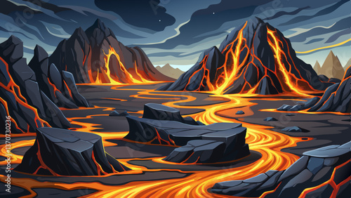 Volcanic Rock formations with cooled lava patterns, Highly detailed vector illustration