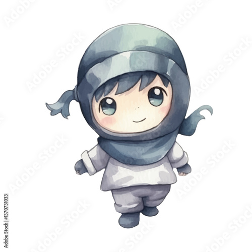 ninja disappear cute watercolors illustration on white background