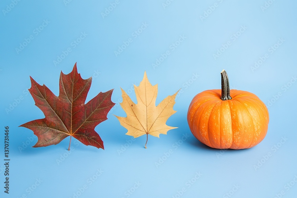 Naklejka premium Happy Thanksgiving Day with maple leaves and pumpkin on blue background without text