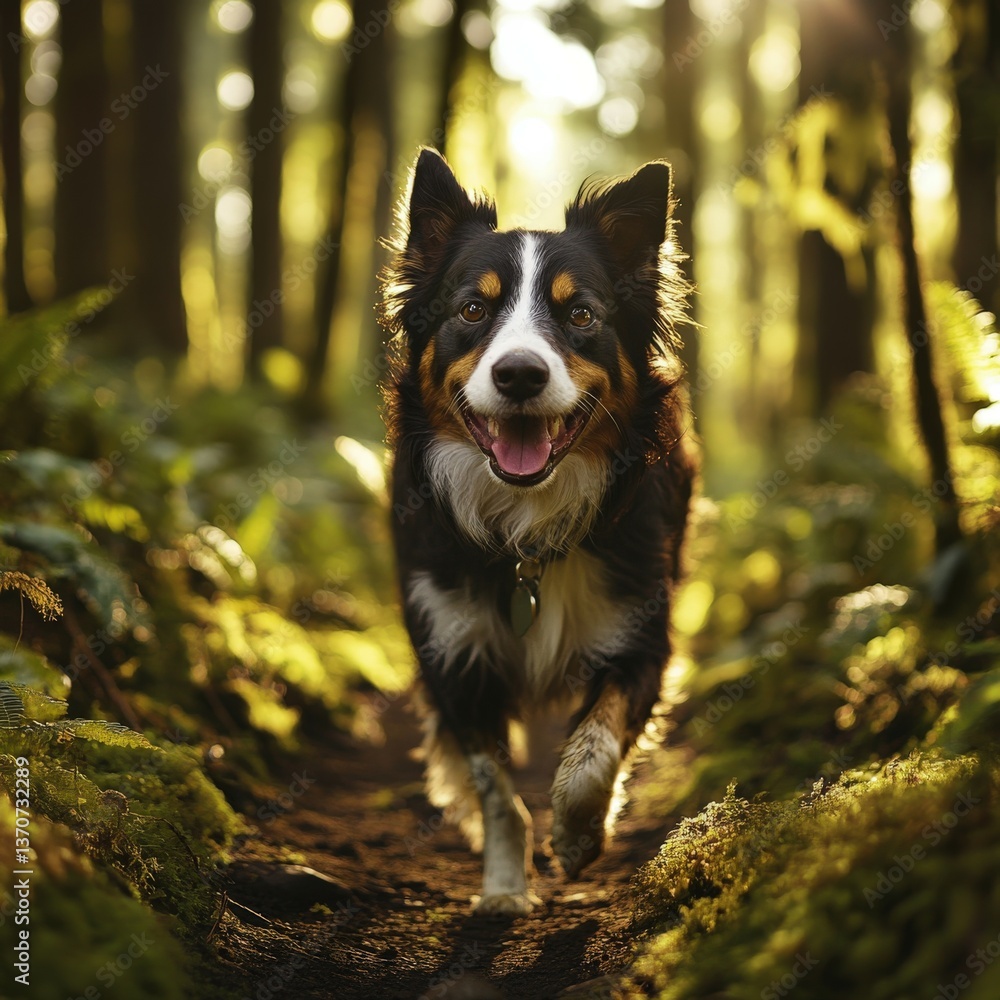 Fototapeta premium Dog enjoys a walk in a serene forest at sunset