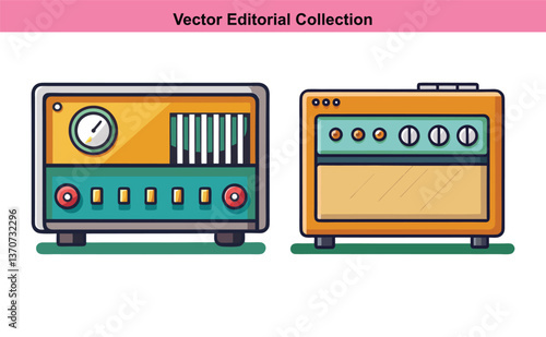 Vintage Vector Radio and Amplifier Illustration, A vector collection of a vintage radio and amplifier, featuring retro designs with buttons, dials, and classic style.
