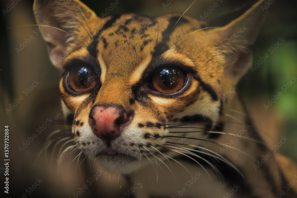 Fototapeta premium Margay (Leopardus wiedii), a small and elusive wild cat found in the tropical forests of Central and South America. Known for its large eyes, spotted coat, and exceptional climbing ability.