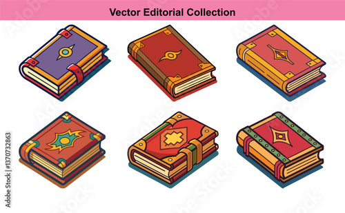 Vector Illustrations of Decorative Vintage Books, A collection of vector illustrations showcasing decorative vintage books with intricate designs and colorful bindings.
