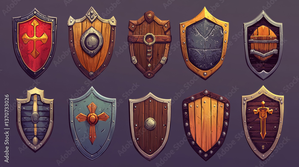 Set of game shields, cartoon fantasy medieval armor of metal and wood. Knight ammo, iron or wooden guard collection, ui design elements, military screens front view isolated vector icons, clipart Set of game shields, cartoon fantasy medieval armor of metal and wood. Knight ammo, iron or wooden guard collection, ui design elements, military screens front view isolated vector icons, clipart