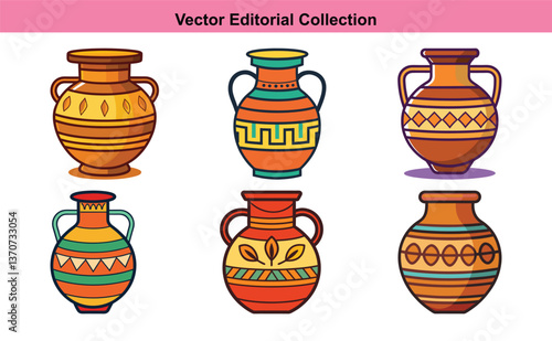 Vector Illustrations of Traditional Decorative Clay Pots, A collection of vector illustrations showcasing traditional decorative clay pots with intricate patterns and vibrant designs.

