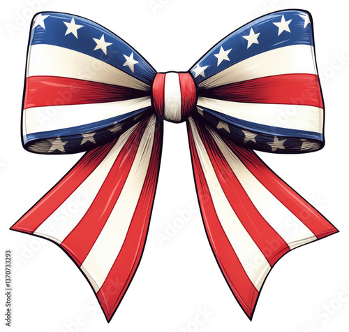 Decorative bow featuring American flag colors and stars for patriotic celebrations isolated on transparent background.