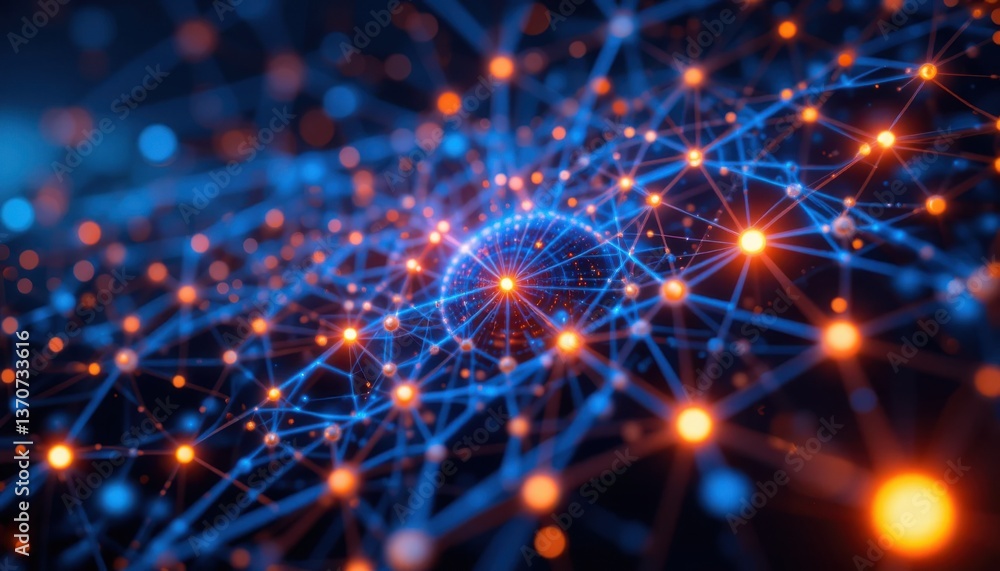 Fototapeta premium Futuristic Network Glowing Nodes and Interconnected Lines in Deep Blue and Orange