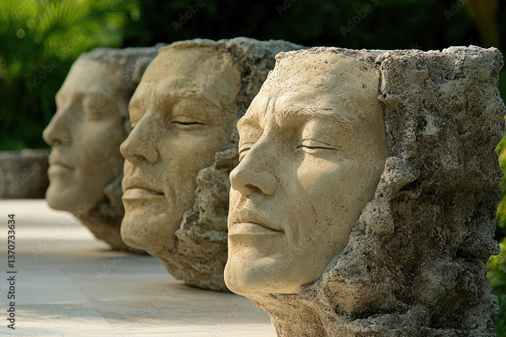 Fototapeta premium Stone faces. Row of carved heads in light. Serene expressions. Sculptures