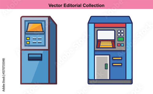 Vector illustration of ATM machines, A set of two colorful vector illustrations of ATM machines, ideal for banking, finance, and technology-themed designs.
